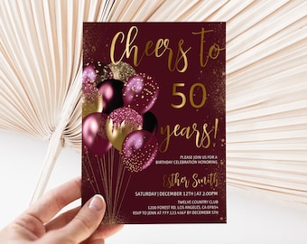 50th Birthday Invitation Burgundy Gold Balloon Glitter Party Invite Editable Digital Download