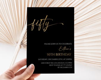 May include: A black rectangular birthday invitation card with gold script text reading fifty, Esther's 50th birthday, and event details including Saturday, December 12th at 2:00pm, 1200 Forest Rd. Los Angeles, CA 07854, and RSVP to Jenn at 777.123.4567.