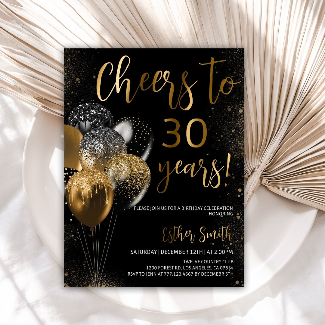 30th Birthday Invitation, Birthday Invitations, Black and Gold Glitter ...