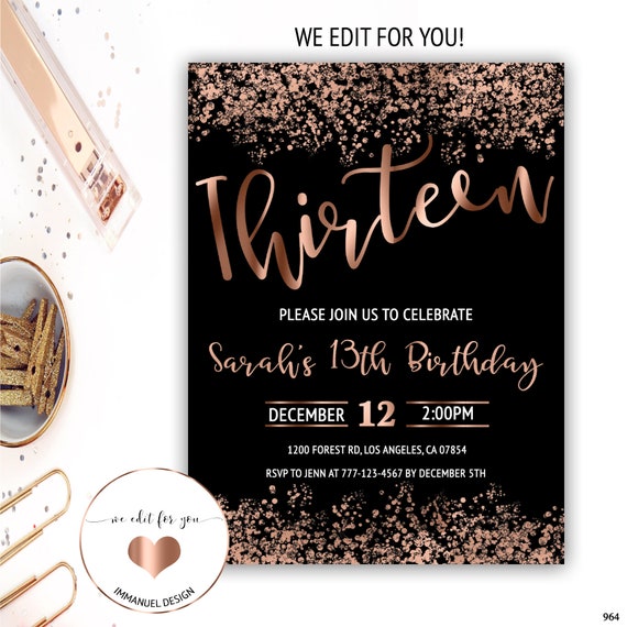 13th birthday girl invitations teen birthday invitation rose Etsy