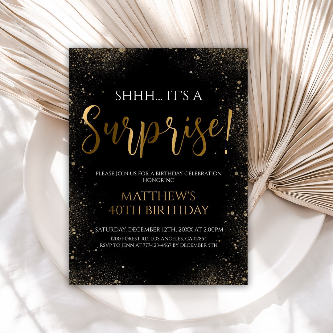 Surprise 40th Birthday Invitation, 40th Birthday Invitations, Black and Gold Birthday Invitation
