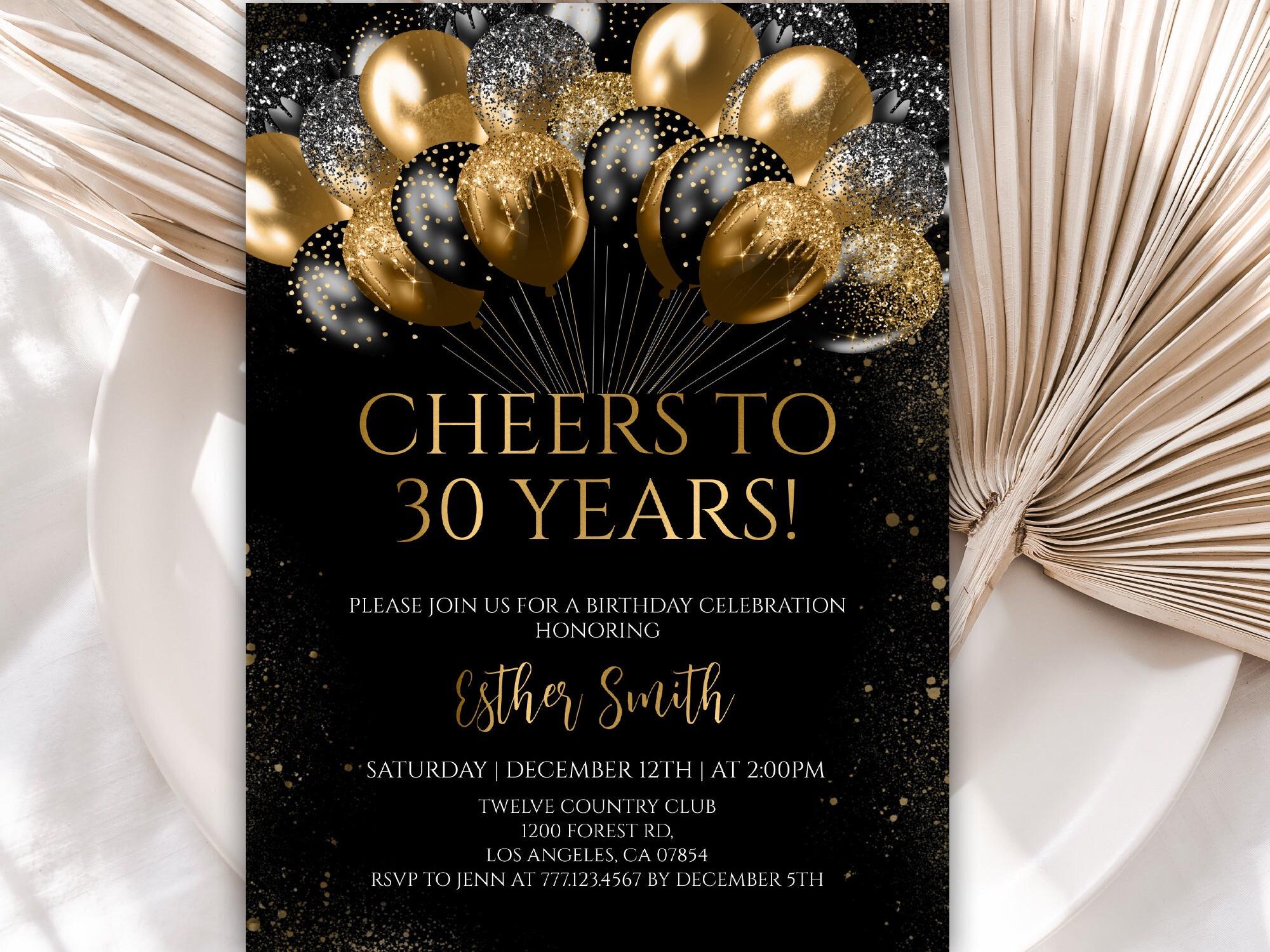 Editable 30th Birthday Invitation Template, Birthday Invitations, Black and Gold Glitter Balloons Birthday Invite, Cheers to 30 Years, 79BI - Etsy editable-30th-birthday-invitation-template-birthday-invitations-black-and-gold-glitter-balloons-birthday-invite-cheers-to-30-years-79bi-etsy