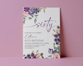 May include: A rectangular birthday invitation card featuring watercolor floral arrangements in shades of purple, pink, and green. The text reads: sixty, PLEASE JOIN US TO CELEBRATE Esther's 60TH BIRTHDAY, SATURDAY | DECEMBER 12TH | AT 2:00PM, 1200 FOREST RD. LOS ANGELES, CA 07854, RSVP TO JENN AT 7771234567 BY DECEMBER 5TH.