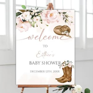 Editable Cowgirl Baby Shower Welcome Sign, Cowgirl Boots Baby Shower Welcome Poster, Western Cowgirl Baby Shower Decoration, 86BB