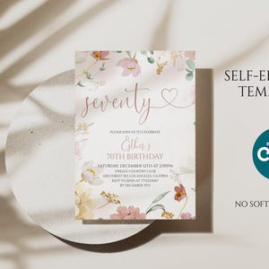 May include: A rectangular birthday invitation card featuring a white background with watercolor floral illustrations in shades of pink, yellow, and green. The text reads seventy, Esther, 70th birthday, and event details. A blue circle with Corjl text is present.