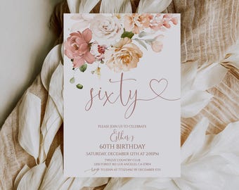 Floral 60th Birthday Invitation for Women Blush Pink Editable Template Digital Download 50BI