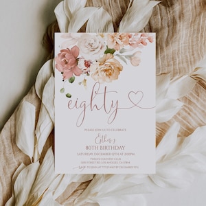 Floral 80th Birthday Invitation for Women Blush Pink Editable Template Digital Download