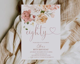 Floral 80th Birthday Invitation for Women Blush Pink Editable Template Digital Download 50BI