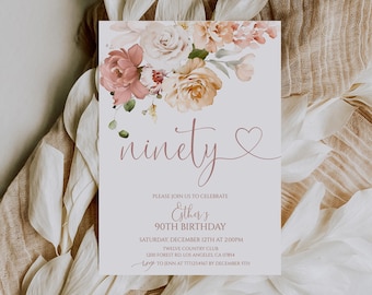 Floral 90th Birthday Invitation for Women Blush Pink Editable Template Digital Download 50BI