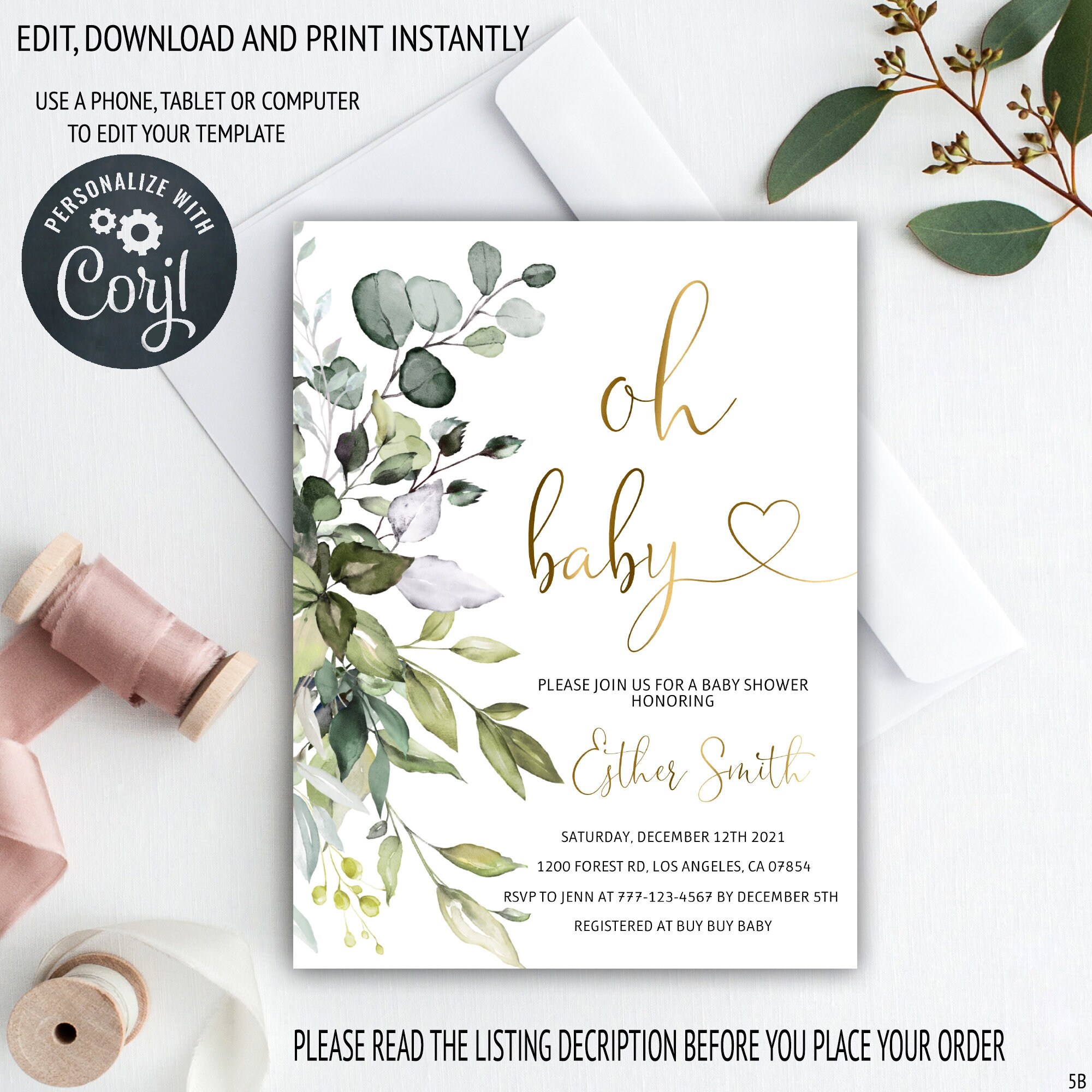 Oh Baby Shower Invitation Greenery Baby Shower Invite Etsy