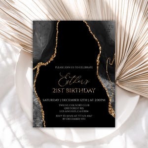 21st Birthday Invitation, Editable Birthday Invitations, Black and Gold Birthday Invite, Instant Download, Printable Template, 18BI