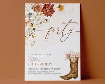 Puede incluir: Una tarjeta de invitación de cumpleaños blanca con ilustraciones florales en acuarela en tonos rojo, naranja y blanco en la parte superior. El texto dice forty, Esther's 40TH BIRTHDAY, SATURDAY | DEC 12TH | AT 2:00PM, 1200 FOREST RD. LOS ANGELES, CA 07854, RSVP TO JENN AT 777-123-4567 BY DECEMBER 5TH. Una bota vaquera marrón llena de flores está en la parte inferior derecha.