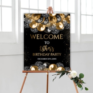 Printable Birthday Welcome Sign, Black and Gold Glitter Balloons Birthday Party, Welcome Sign Template, Digital Download, Editable, 81BI