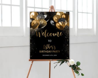 Birthday Welcome Sign Black Gold Balloons Editable Instant Download 53BI