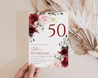 Invitación de cumpleaños número 50 con diseño floral editable, color burdeos, plantilla imprimible para descargar al instante (63 BI).
