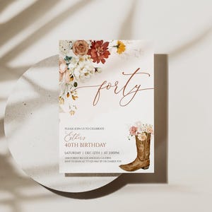 Invito per il 40° compleanno: stivali da cowgirl, modello western modificabile 65BI immagine 8