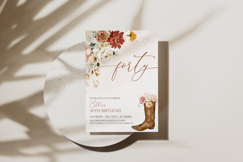 Invito per il 40° compleanno: stivali da cowgirl, modello western modificabile 65BI immagine 8