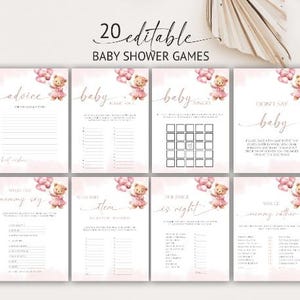 Editable Pink Bear Baby Shower Games, We Can Bearly Wait Baby Shower Game Bundle, Bear Balloon Baby Shower Game Pack, 77BB