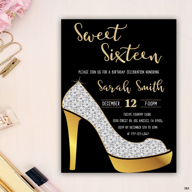 Heel Diamant 16GeburtstagseinladungSüße EinladungHigh Glam Schuhe Gold Sechzehn Glitter QxChrdts