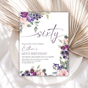 Editable 60th birthday Invitation, Purple Floral Birthday Invitation for Women, Lavender Flower Birthday Invitation, 110BI