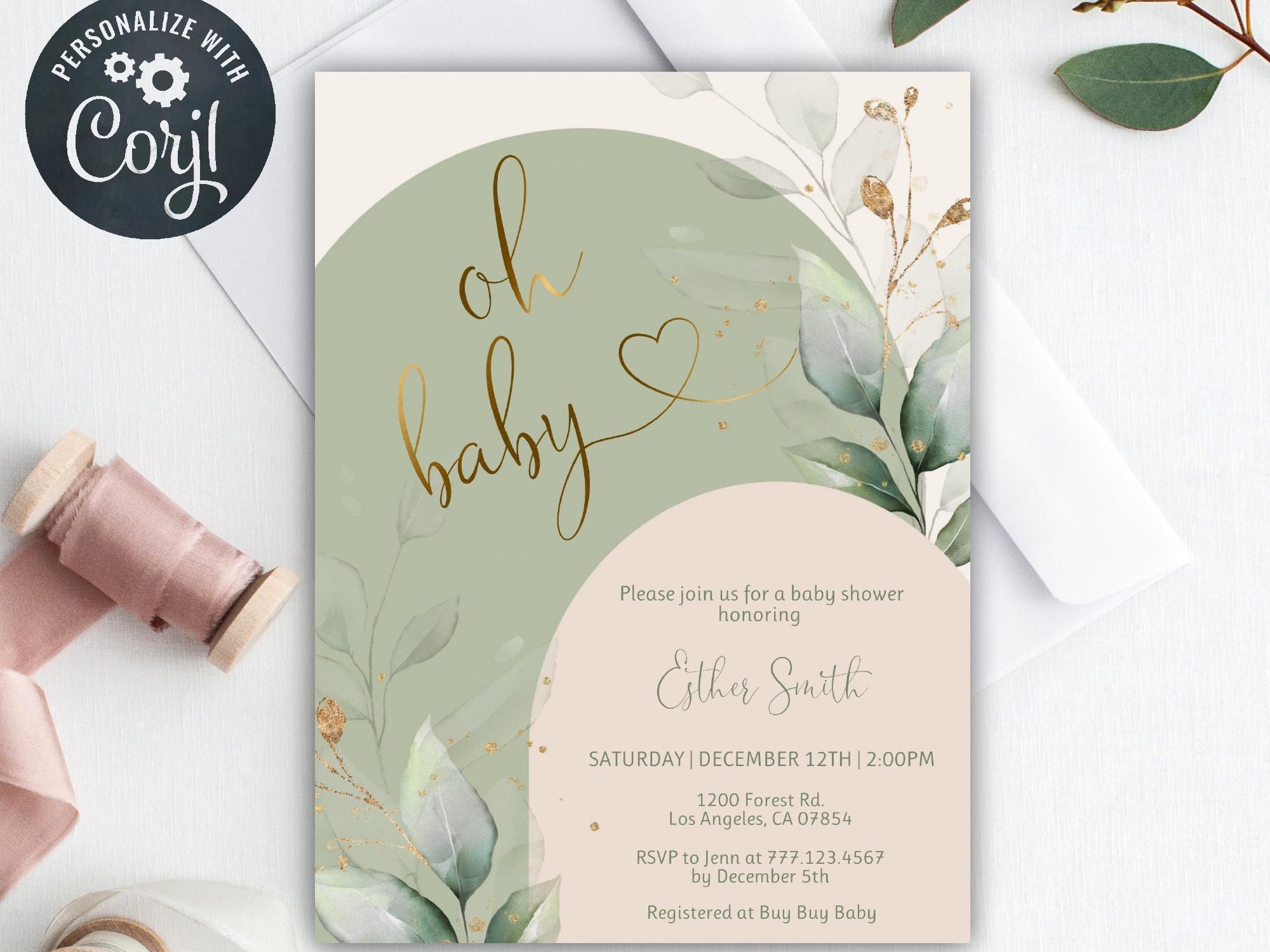 Sage Green Baby Shower Invitation Template, Baby Shower Arch Invitation, Oh Baby Invitation, Gender Neutral, Greenery Eucalyptus, 15BB