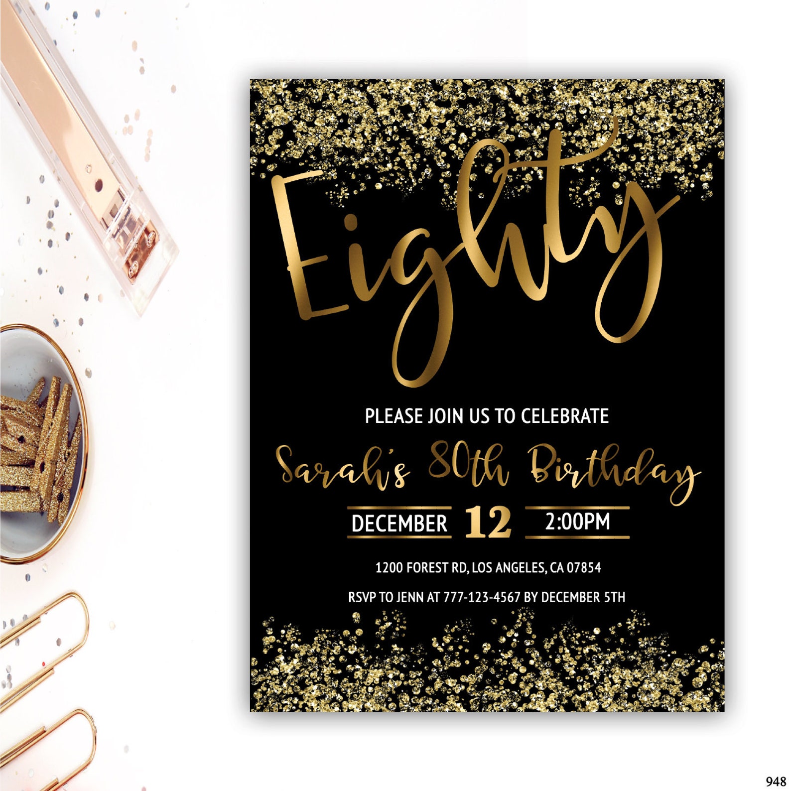 80th birthday invitations adult birthday invitations gold foil | Etsy