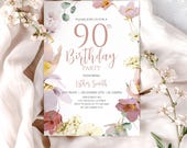 90th Birthday Invitation for Women Wildflower Invite Instant Download Editable Template 76BI