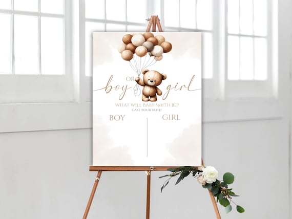 Editable Bear Balloons Gender Reveal Voting Sign, Teddy Bear Gender Reveal Voting Poster, Boy or Girl Neutral Gender Reveal Decoration, 54BB