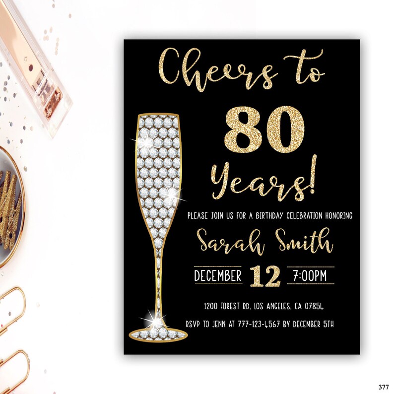 80th birthday invitation gold