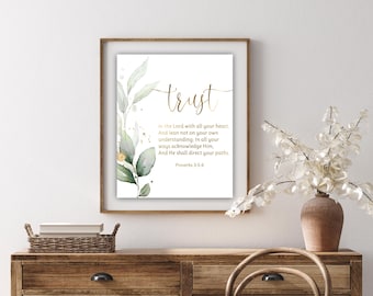 Proverbs 3:5-6 Bible Verse Wall Art Trust in The Lord Greenery Scripture Print Decor