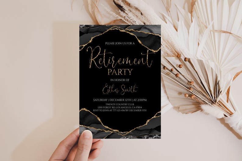 May include: Black and gold retirement party invitation. The invitation features elegant gold script that reads "Retirement Party" and includes event details. The invitation is held in a hand, with a neutral background.