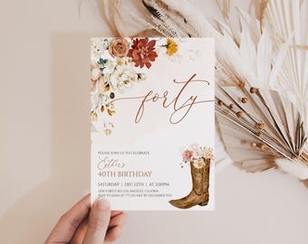 40th Birthday Invitation Cowgirl Boots Western Editable Template 65BI