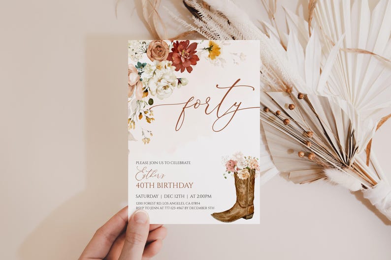 40th Birthday Invitation Cowgirl Boots Western Editable Template