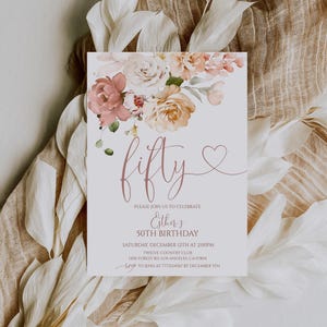 Floral 50th Birthday Invitation for Women Blush Pink Editable Template Digital Download 50BI
