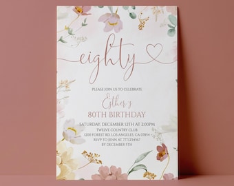 May include: A rectangular birthday invitation card featuring a white background with watercolor floral illustrations in shades of pink, yellow, and green. The text reads: eighty, PLEASE JOIN US TO CELEBRATE Esther's 80TH BIRTHDAY, SATURDAY, DECEMBER 12TH AT 2:00PM, TWELVE COUNTRY CLUB, 1200 FOREST RD. LOS ANGELES, CA 07854, RSVP TO JENN AT 777.123.4567, BY DECEMBER 5TH.