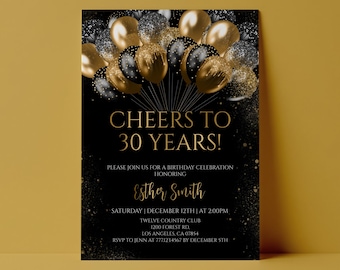 30th Birthday Party Invitation Black Gold Balloon Invite Editable Instant Download