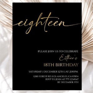 Editable Gold Minimalist 18th Birthday Invitation, Gold Birthday Invite, Gold Eighteen Birthday Invitation, 154BI