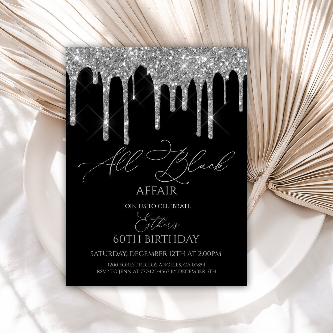 60th Birthday Invitation, All Black Party Invitation, Silver Glitter