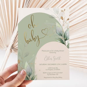 Babyshower uitnodiging in saliegroen, neutraal, bewerkbaar Corjl-sjabloon afbeelding 2