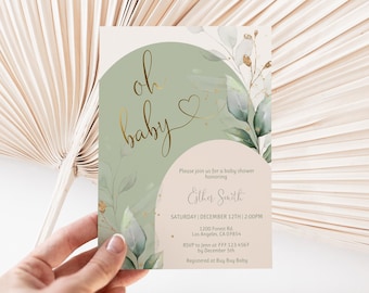 Oh Baby Shower Invitation Sage Green Neutral Editable Corjl Template 15BB