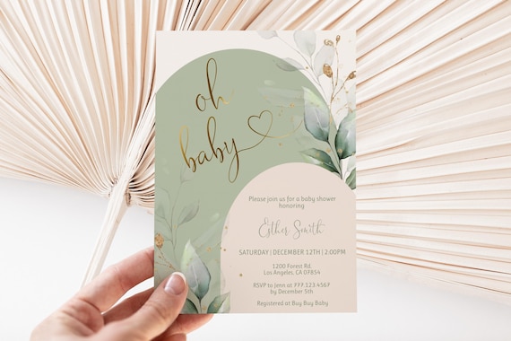 Oh Baby Shower Invitation Sage Green Neutral Editable Corjl Template