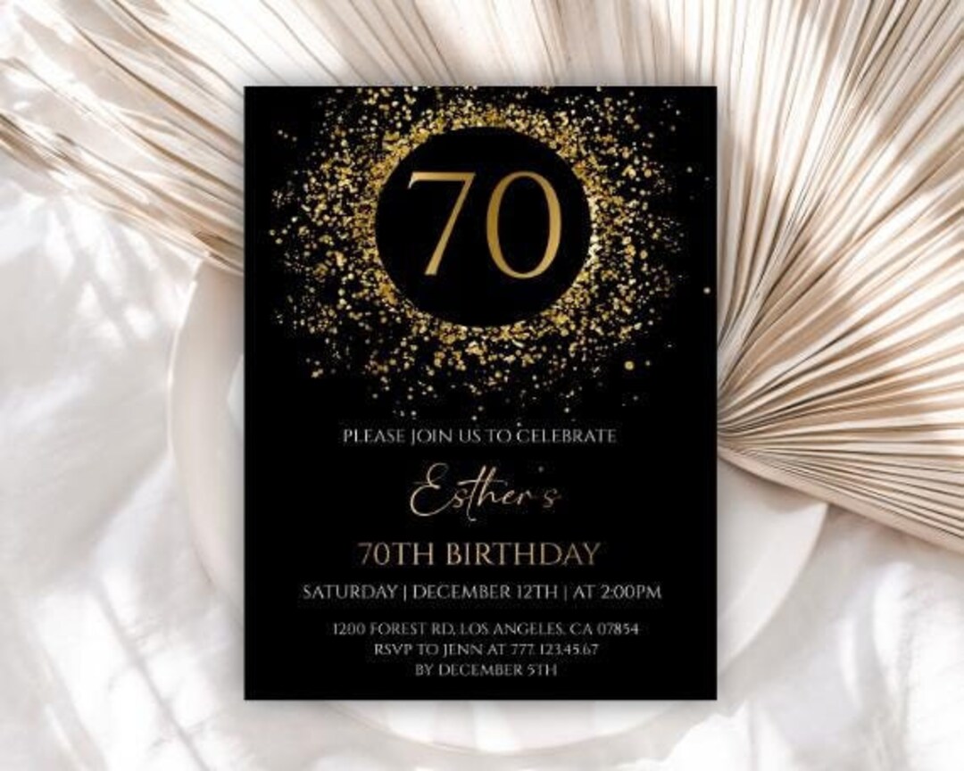Editable Gold 70th Birthday Invitation, Gold Glitter Birthday Invite ...