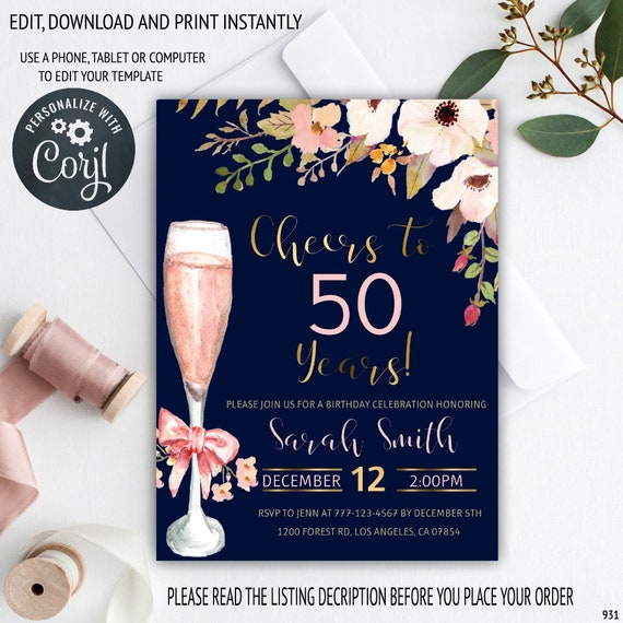 Invitación de cumpleaños número 50 para mujeres, Saludos a los 50 años,  Invitaciones de cumpleaños para adultos, Cumpleaños sorpresa de 50 años,  Descarga instantánea 01, 1b -  España