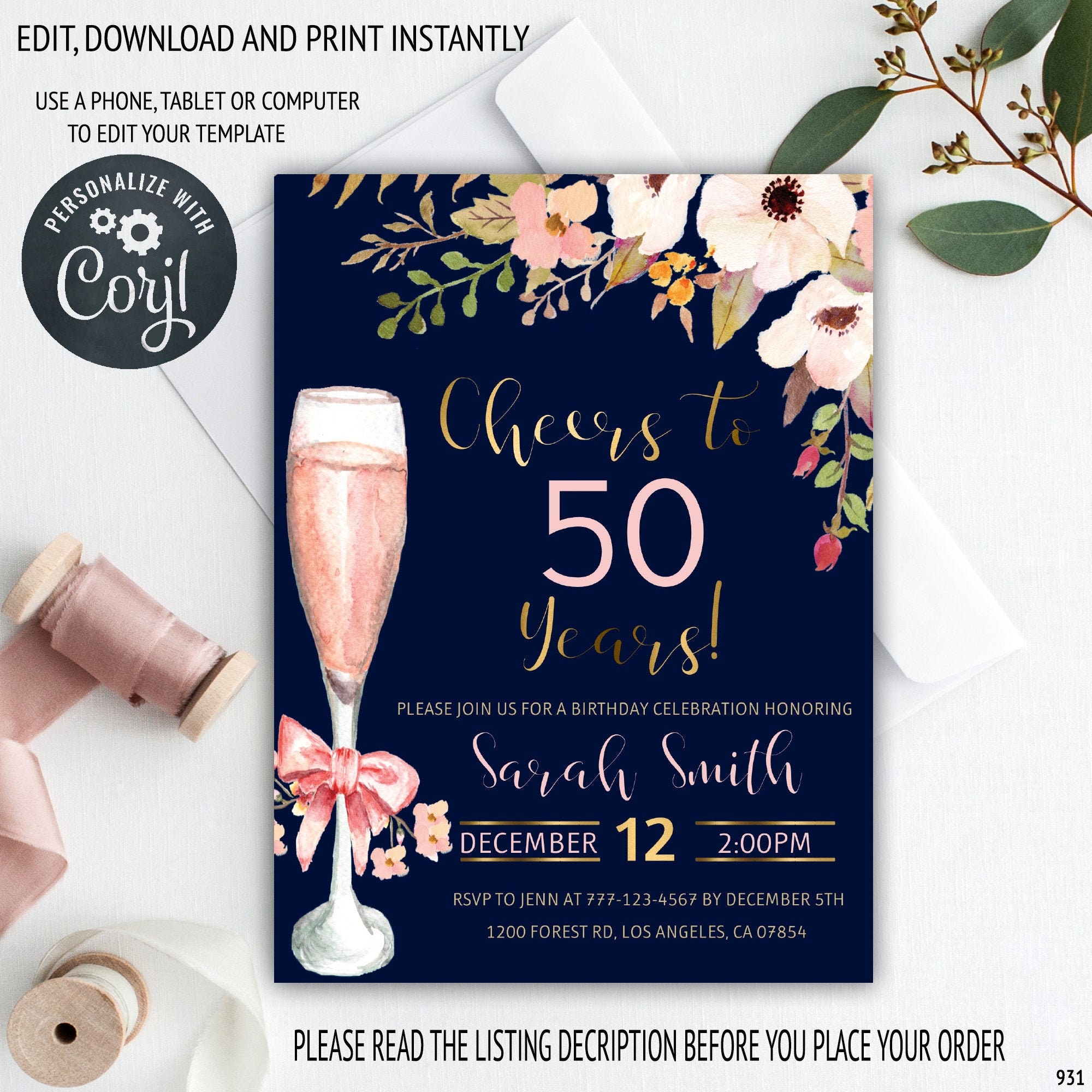 50th Birthday Invitations for Women Adult Birthday Invitations