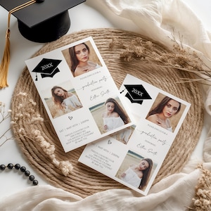 May include: Graduation party invitations featuring a photograph of a woman, a black mortarboard, and the text "20XX". The invitations include the text "Please join us for a graduation party honouring Esther Smith".