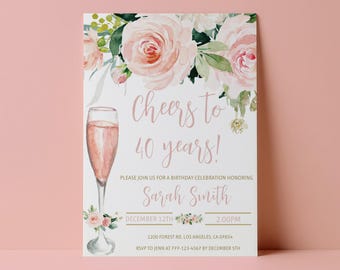Roze bloemenuitnodiging voor een 40e verjaardag voor vrouwen - bewerkbaar feestsjabloon, direct te downloaden.
