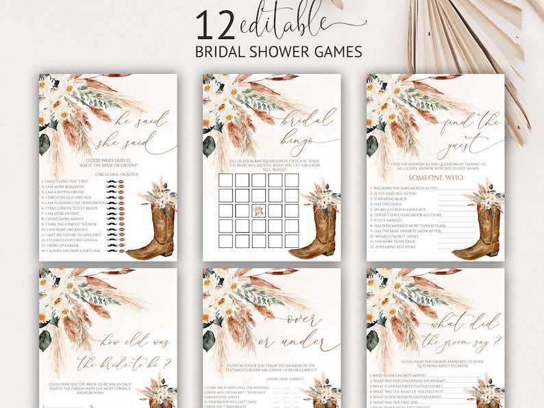 Cowgirl Boots Western Boho Bridal Shower Games Bundle Editable Instant Download