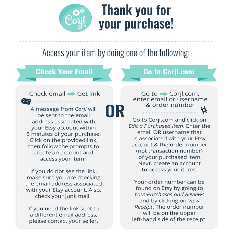 May include: An instructional graphic with the Corjl logo and the text Thank you for your purchase. It outlines two methods to access items: checking your email for a link or visiting Corjl.com to enter your email, username, and order number.