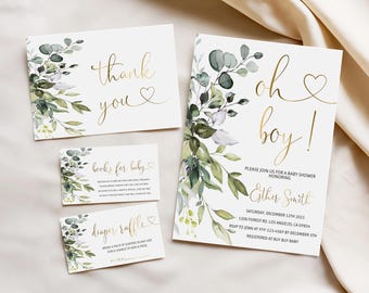 Inviti per baby shower "Oh Boy" con tema verde, modificabili e scaricabili immediatamente (5BB)