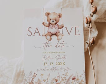 Tarjeta de invitación para baby shower con osito de peluche "¡Apenas podemos esperar!" (Editable, descarga instantánea, 82 BB)